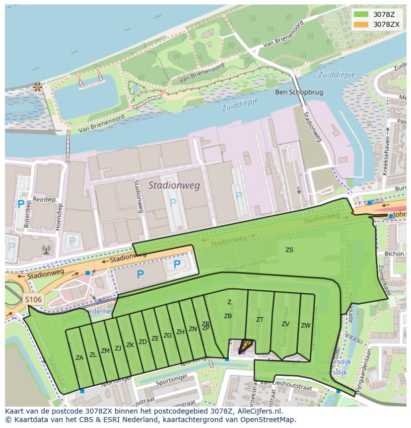 Afbeelding van het postcodegebied 3078 ZX op de kaart.