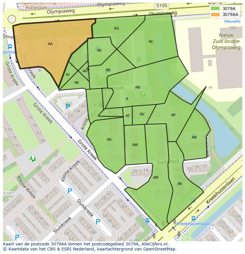 Afbeelding van het postcodegebied 3079 AA op de kaart.