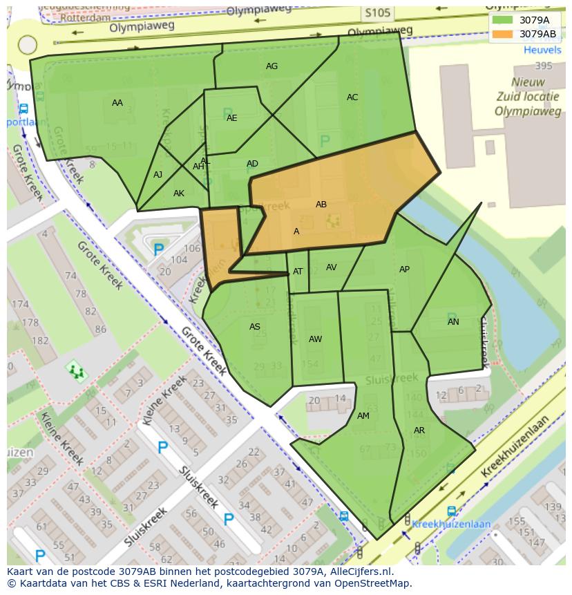 Afbeelding van het postcodegebied 3079 AB op de kaart.