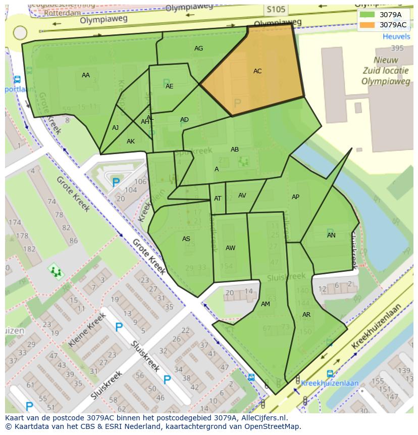 Afbeelding van het postcodegebied 3079 AC op de kaart.