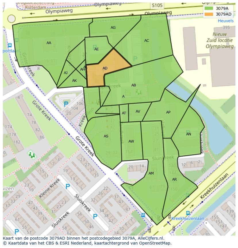 Afbeelding van het postcodegebied 3079 AD op de kaart.