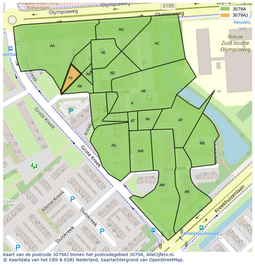 Afbeelding van het postcodegebied 3079 AJ op de kaart.