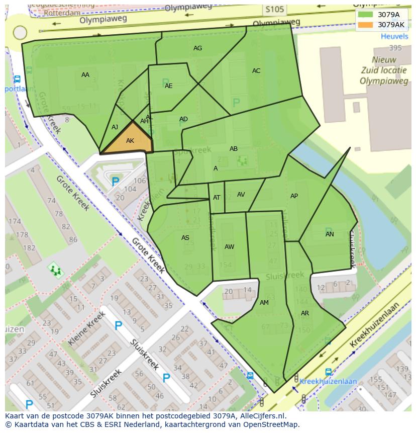 Afbeelding van het postcodegebied 3079 AK op de kaart.