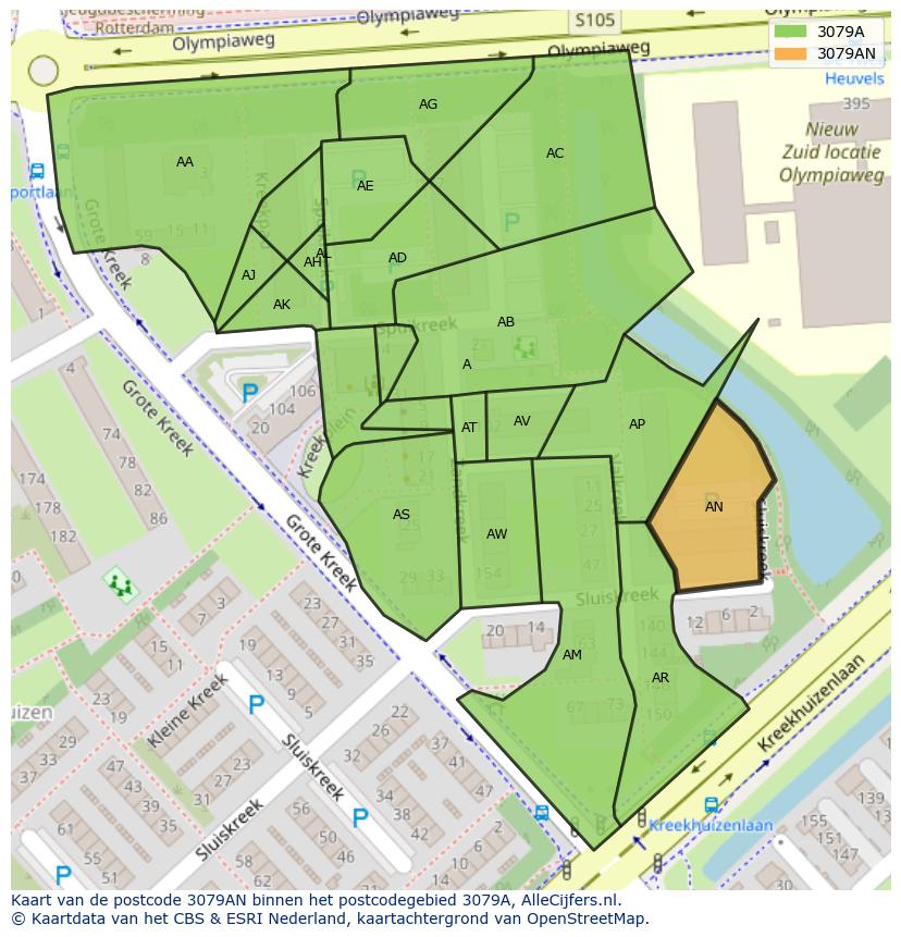 Afbeelding van het postcodegebied 3079 AN op de kaart.