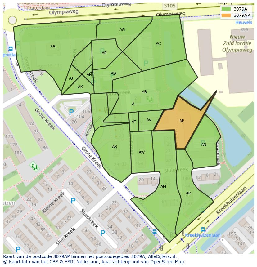 Afbeelding van het postcodegebied 3079 AP op de kaart.