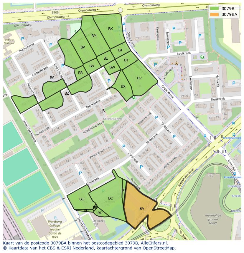Afbeelding van het postcodegebied 3079 BA op de kaart.