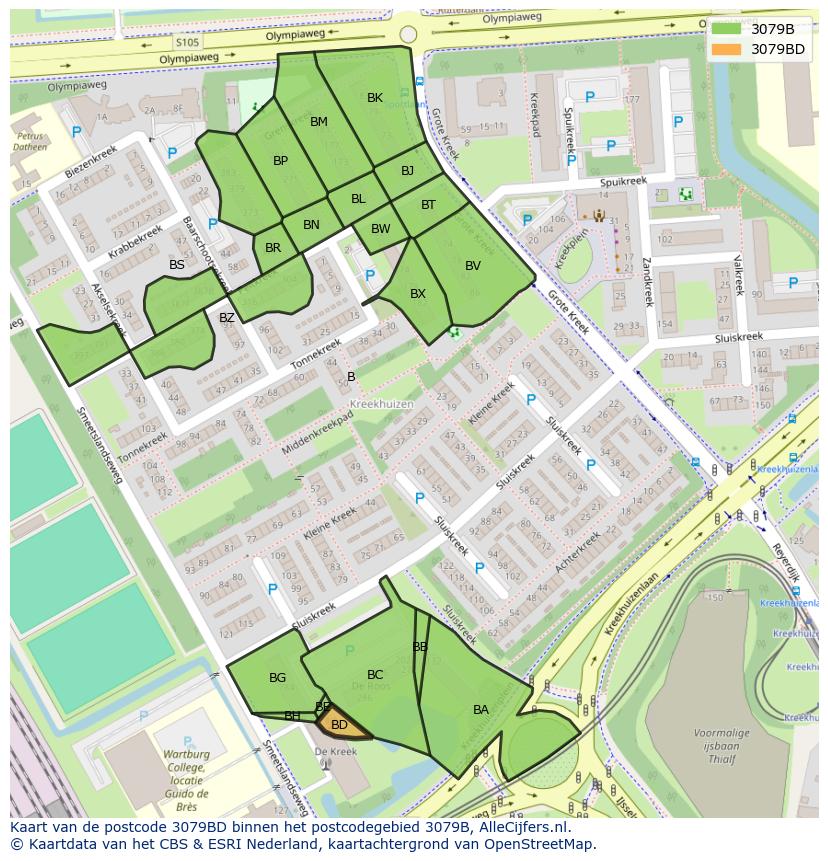 Afbeelding van het postcodegebied 3079 BD op de kaart.