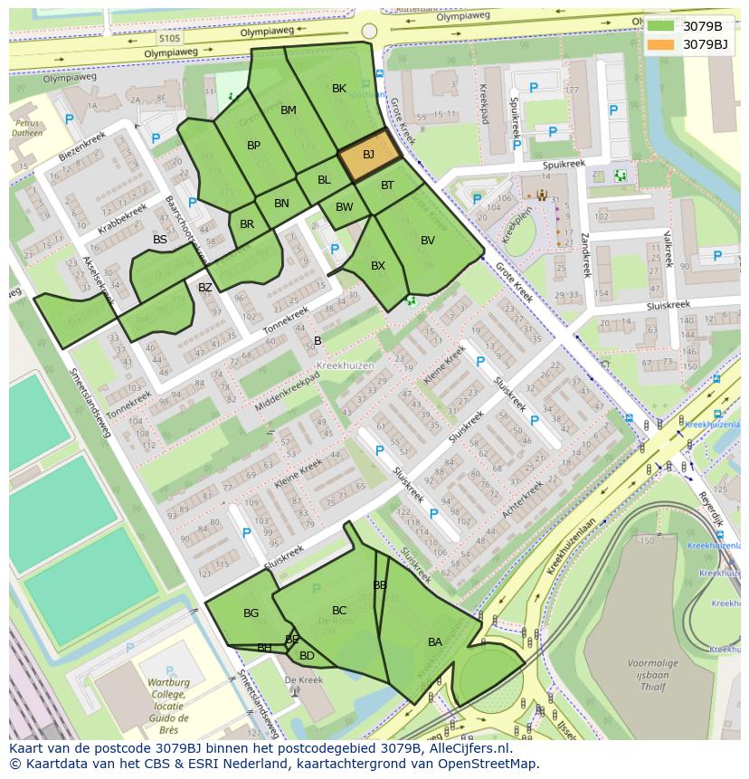 Afbeelding van het postcodegebied 3079 BJ op de kaart.
