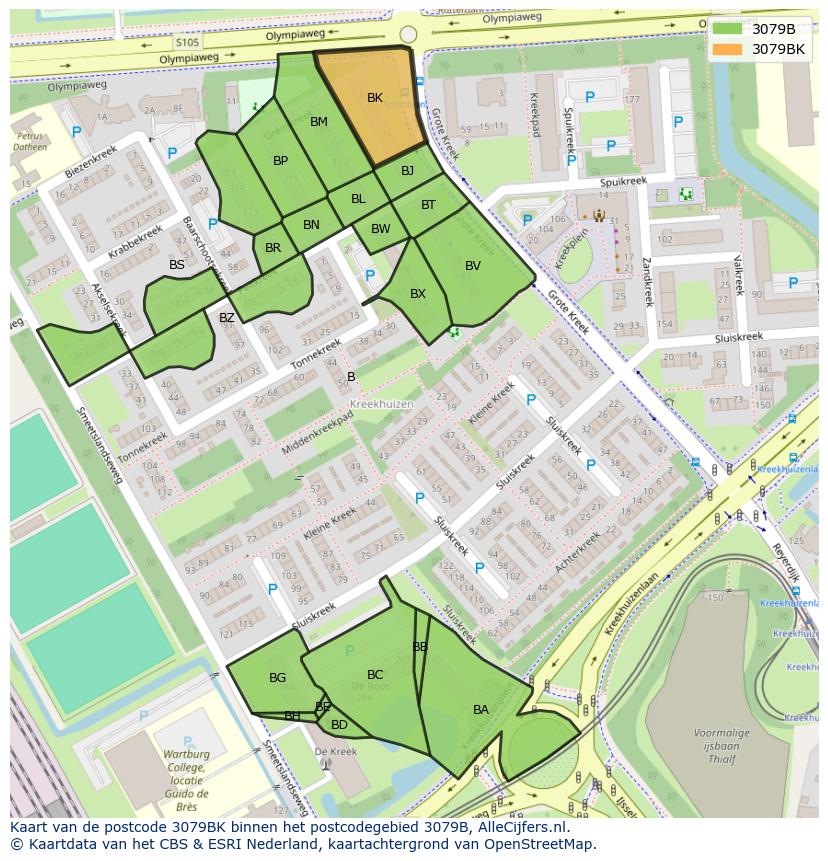Afbeelding van het postcodegebied 3079 BK op de kaart.