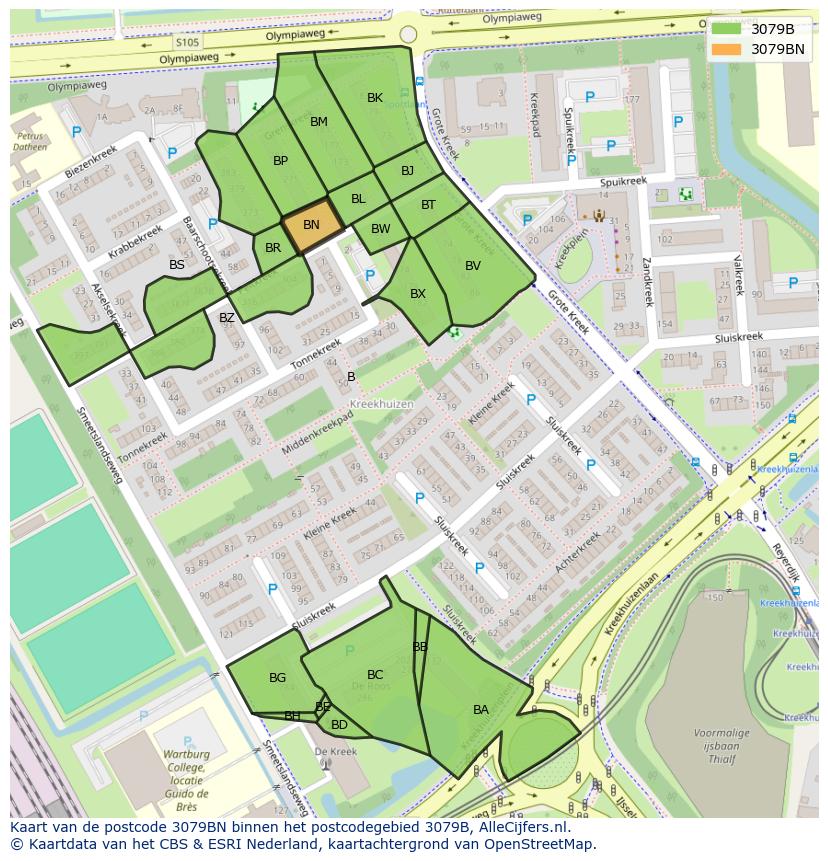 Afbeelding van het postcodegebied 3079 BN op de kaart.