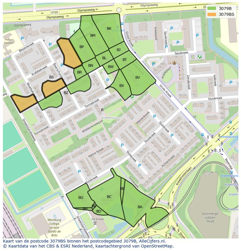 Afbeelding van het postcodegebied 3079 BS op de kaart.