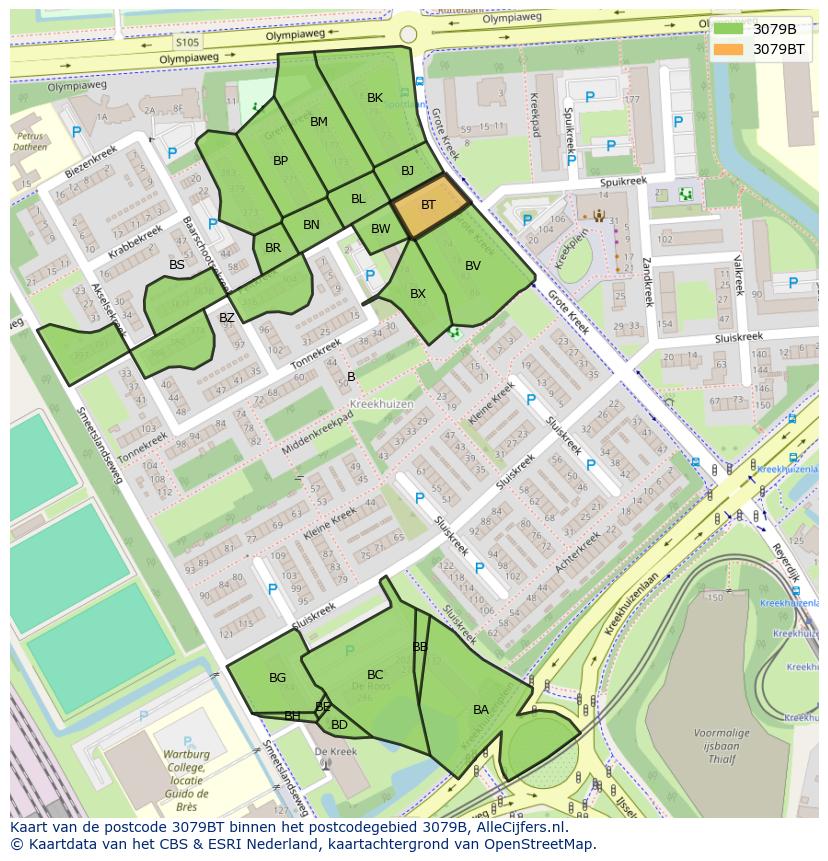 Afbeelding van het postcodegebied 3079 BT op de kaart.