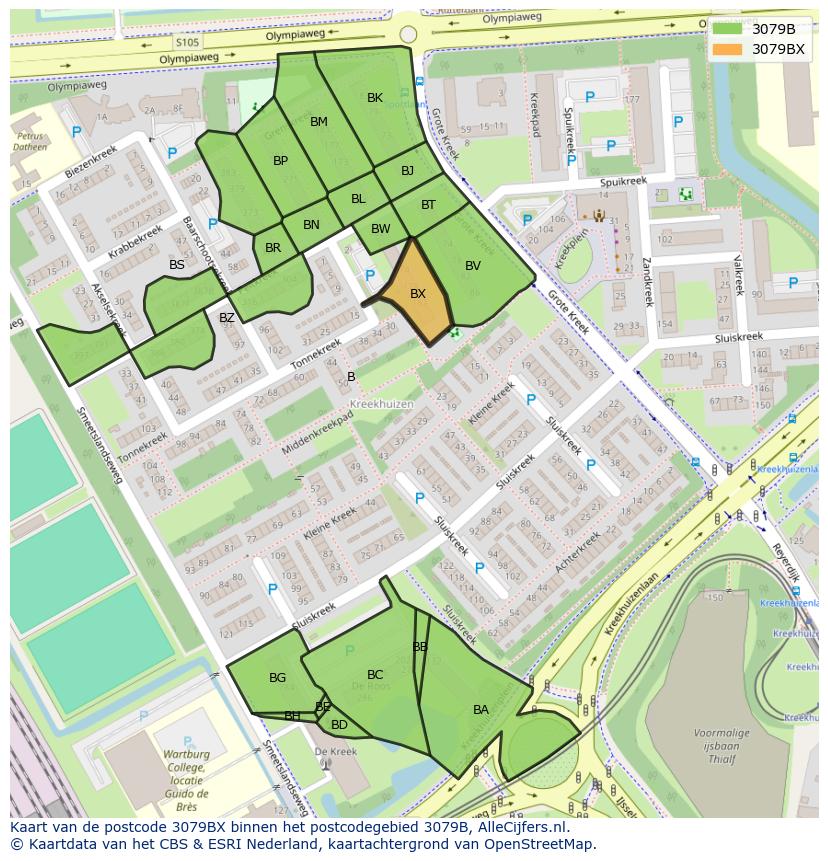 Afbeelding van het postcodegebied 3079 BX op de kaart.