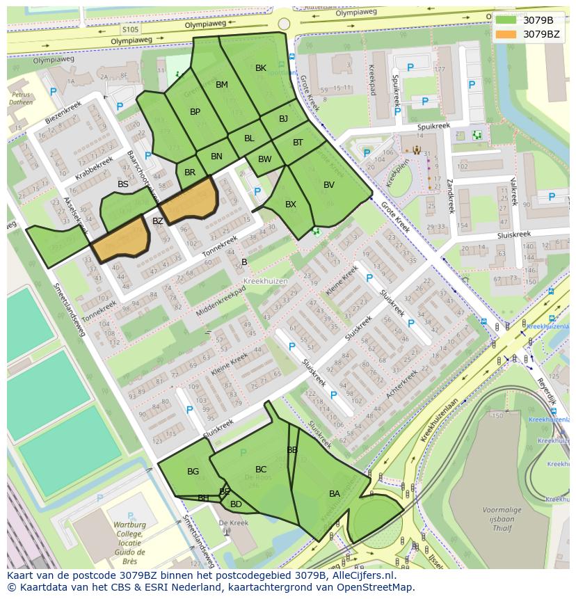 Afbeelding van het postcodegebied 3079 BZ op de kaart.