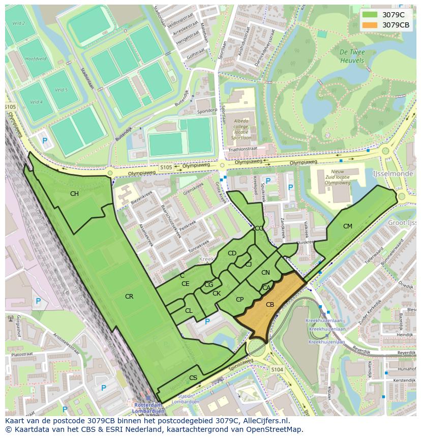 Afbeelding van het postcodegebied 3079 CB op de kaart.