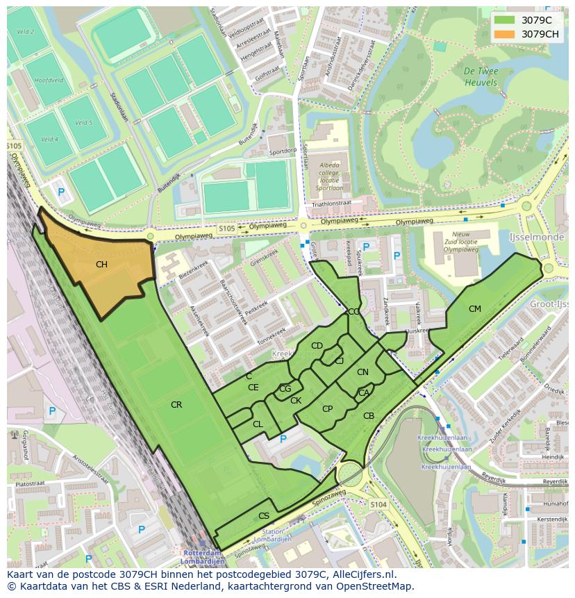 Afbeelding van het postcodegebied 3079 CH op de kaart.