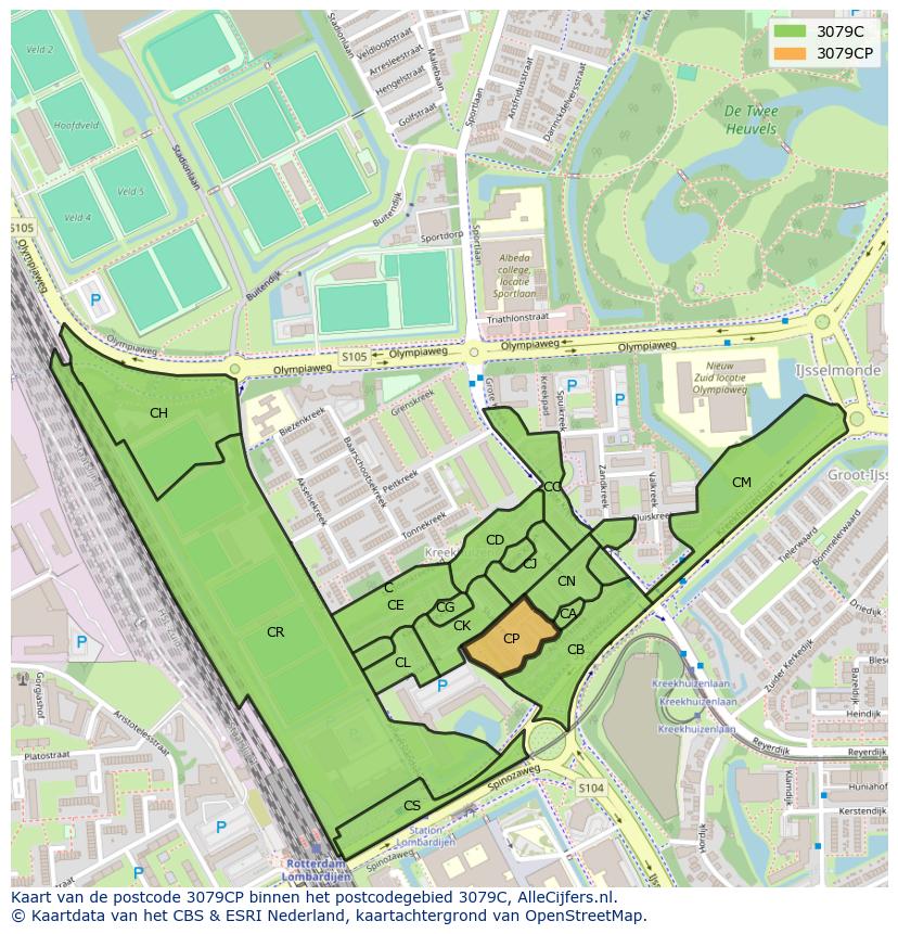 Afbeelding van het postcodegebied 3079 CP op de kaart.