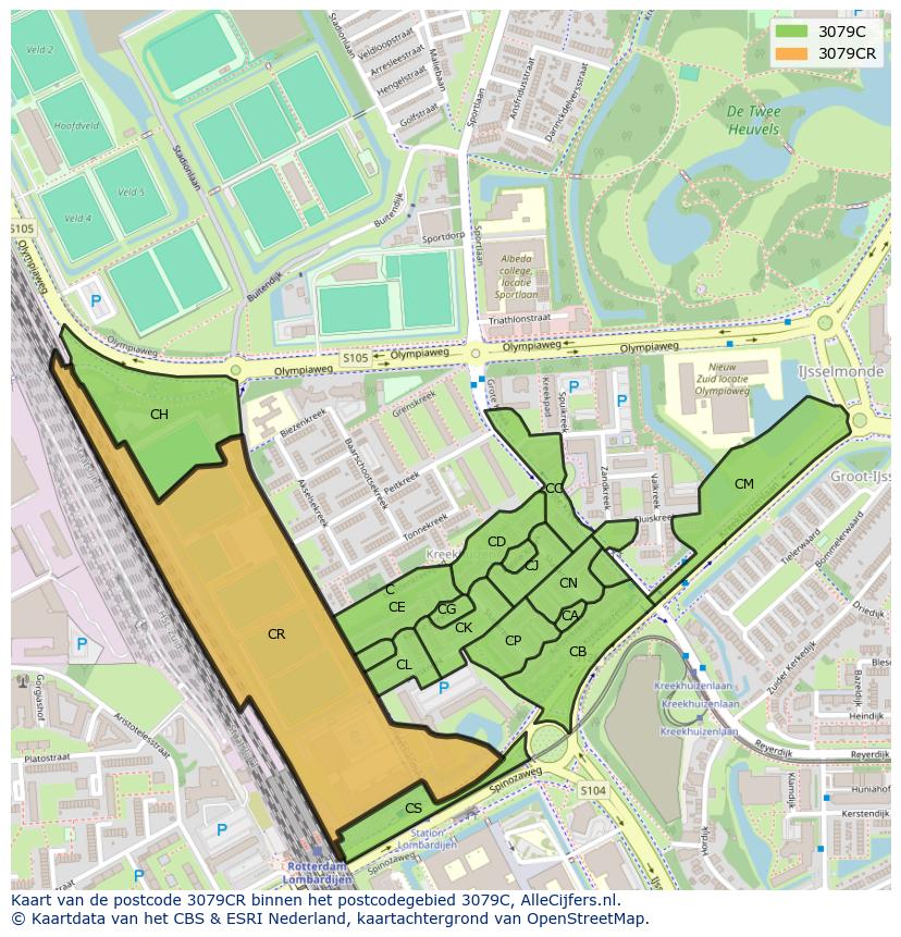 Afbeelding van het postcodegebied 3079 CR op de kaart.