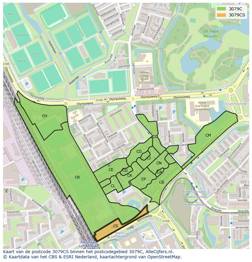 Afbeelding van het postcodegebied 3079 CS op de kaart.