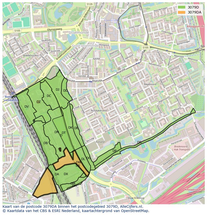 Afbeelding van het postcodegebied 3079 DA op de kaart.