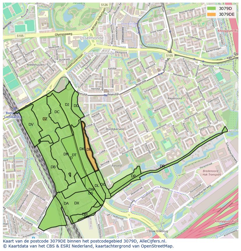 Afbeelding van het postcodegebied 3079 DE op de kaart.