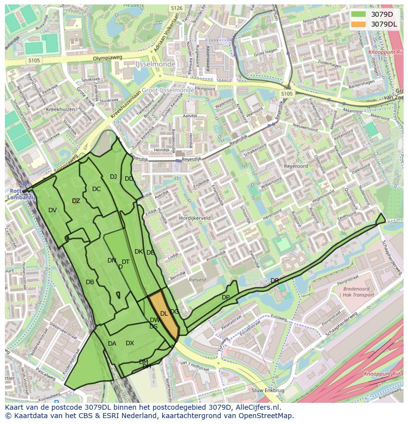 Afbeelding van het postcodegebied 3079 DL op de kaart.