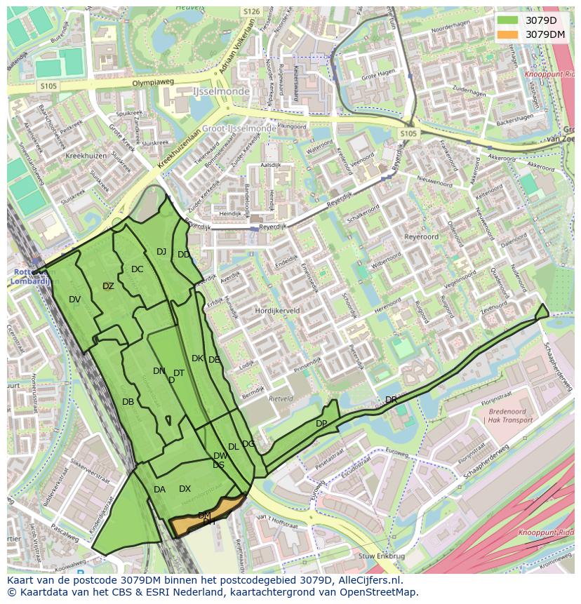 Afbeelding van het postcodegebied 3079 DM op de kaart.