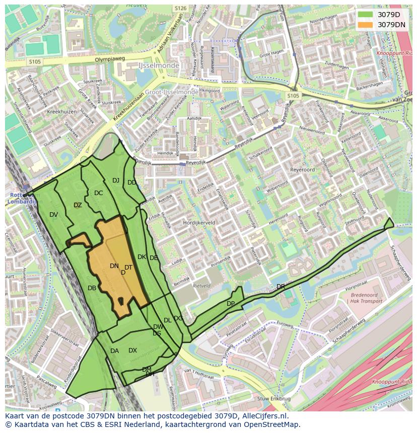 Afbeelding van het postcodegebied 3079 DN op de kaart.