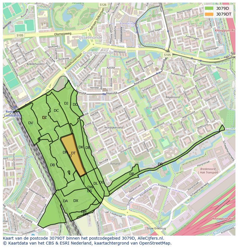 Afbeelding van het postcodegebied 3079 DT op de kaart.