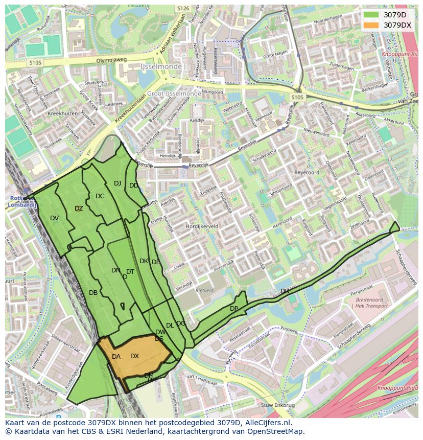 Afbeelding van het postcodegebied 3079 DX op de kaart.