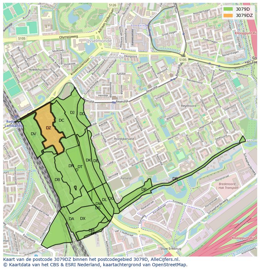Afbeelding van het postcodegebied 3079 DZ op de kaart.