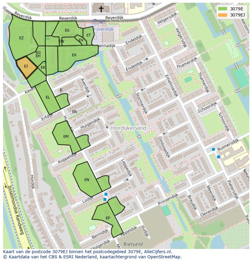Afbeelding van het postcodegebied 3079 EJ op de kaart.
