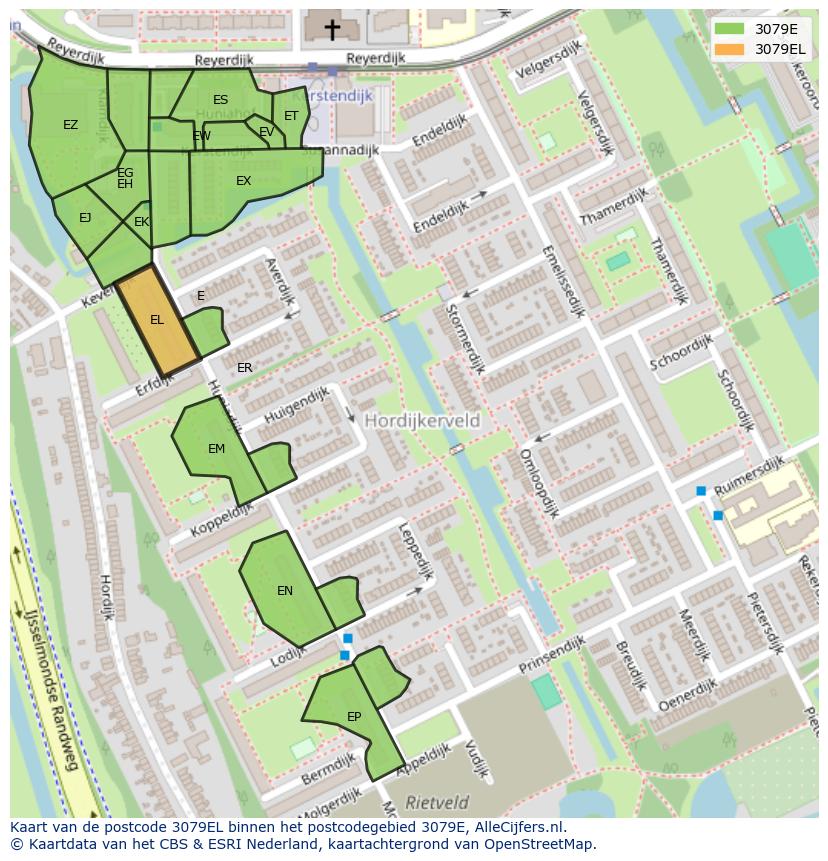 Afbeelding van het postcodegebied 3079 EL op de kaart.