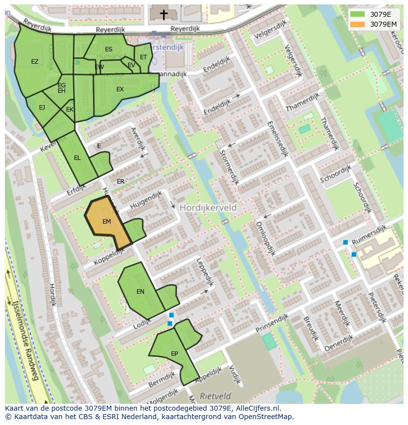 Afbeelding van het postcodegebied 3079 EM op de kaart.