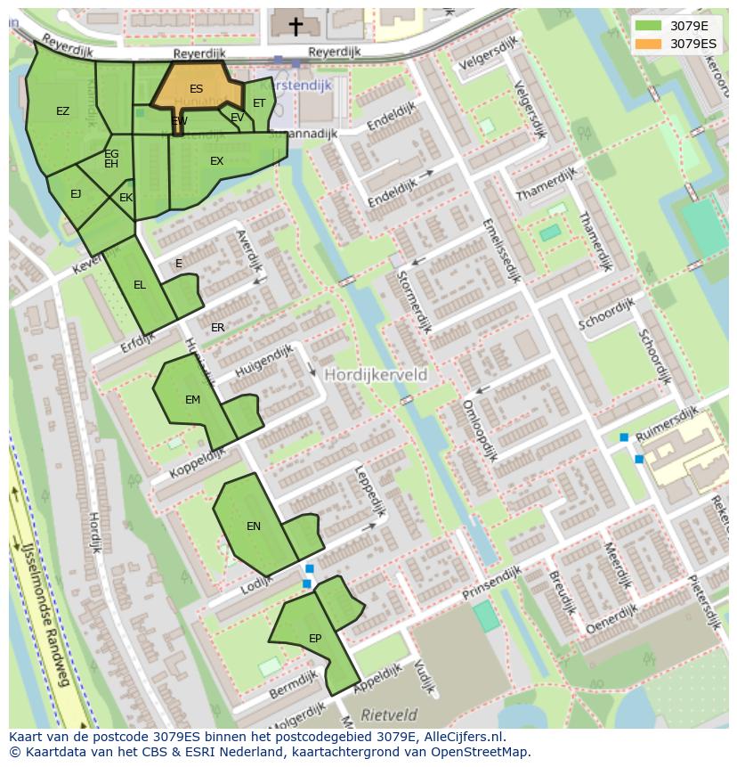 Afbeelding van het postcodegebied 3079 ES op de kaart.