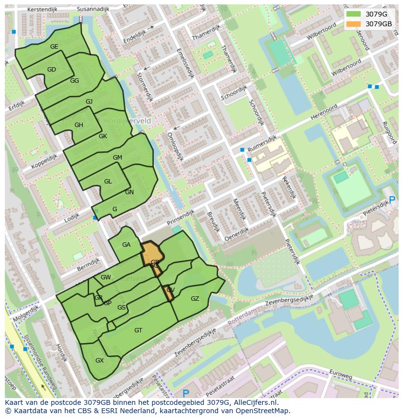 Afbeelding van het postcodegebied 3079 GB op de kaart.