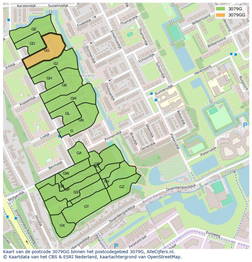 Afbeelding van het postcodegebied 3079 GG op de kaart.