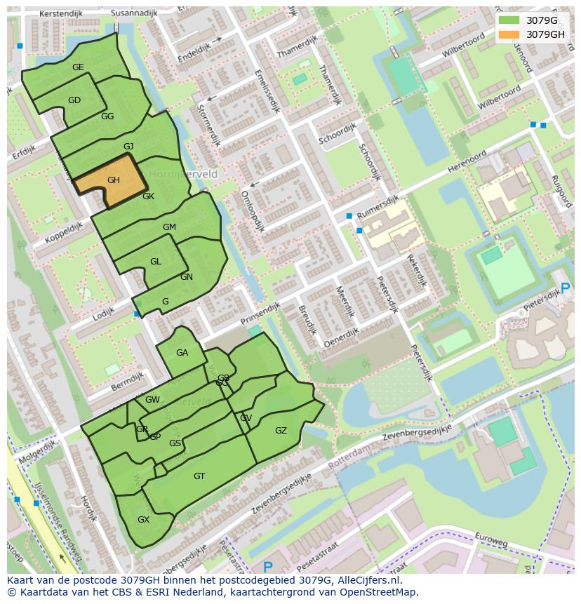 Afbeelding van het postcodegebied 3079 GH op de kaart.