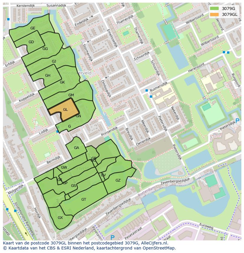 Afbeelding van het postcodegebied 3079 GL op de kaart.