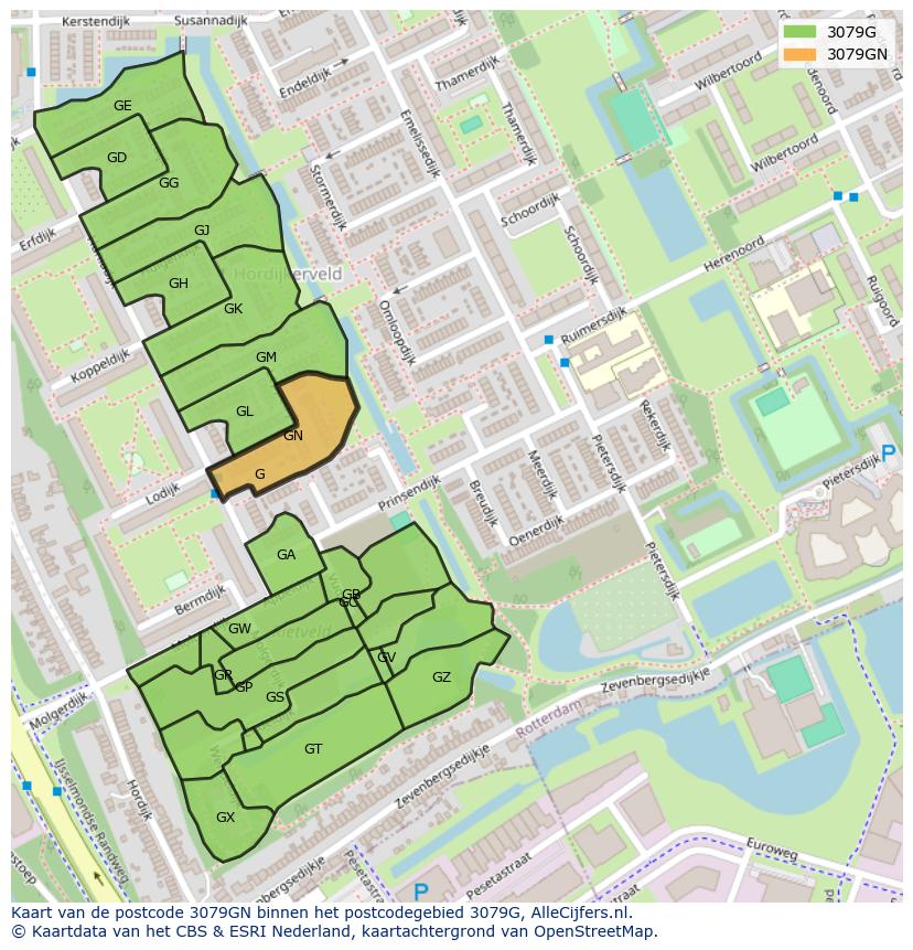 Afbeelding van het postcodegebied 3079 GN op de kaart.