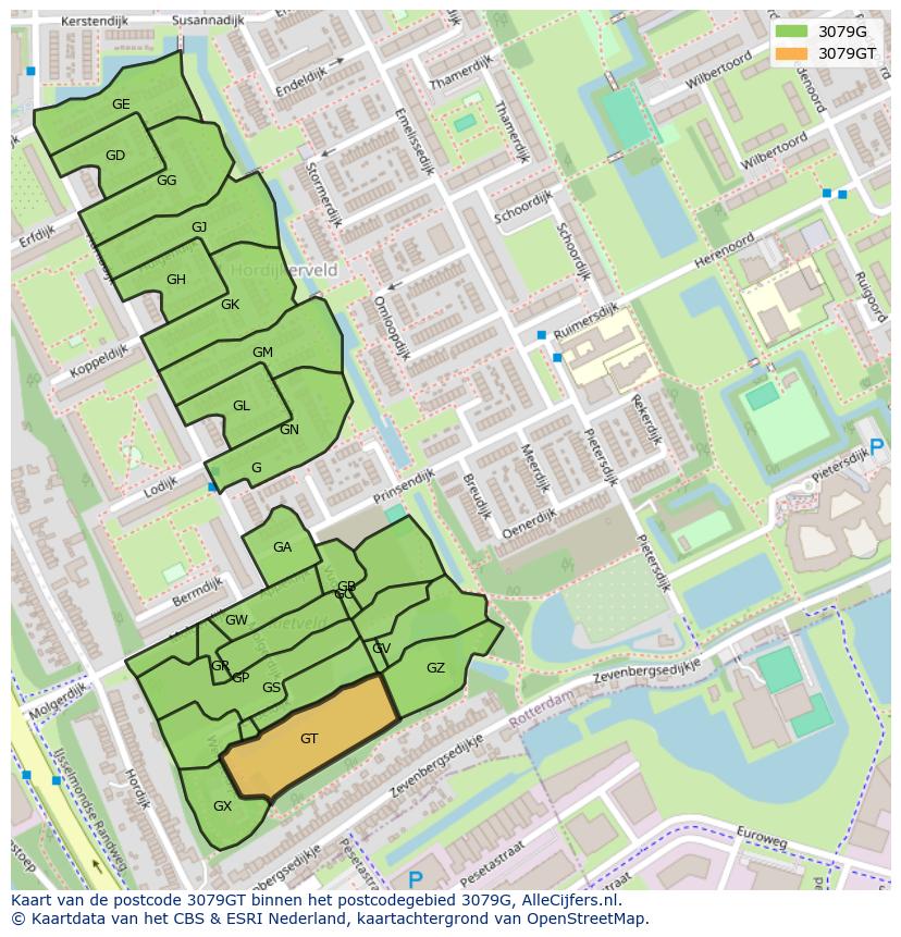 Afbeelding van het postcodegebied 3079 GT op de kaart.