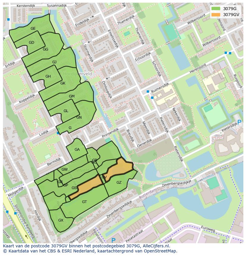Afbeelding van het postcodegebied 3079 GV op de kaart.