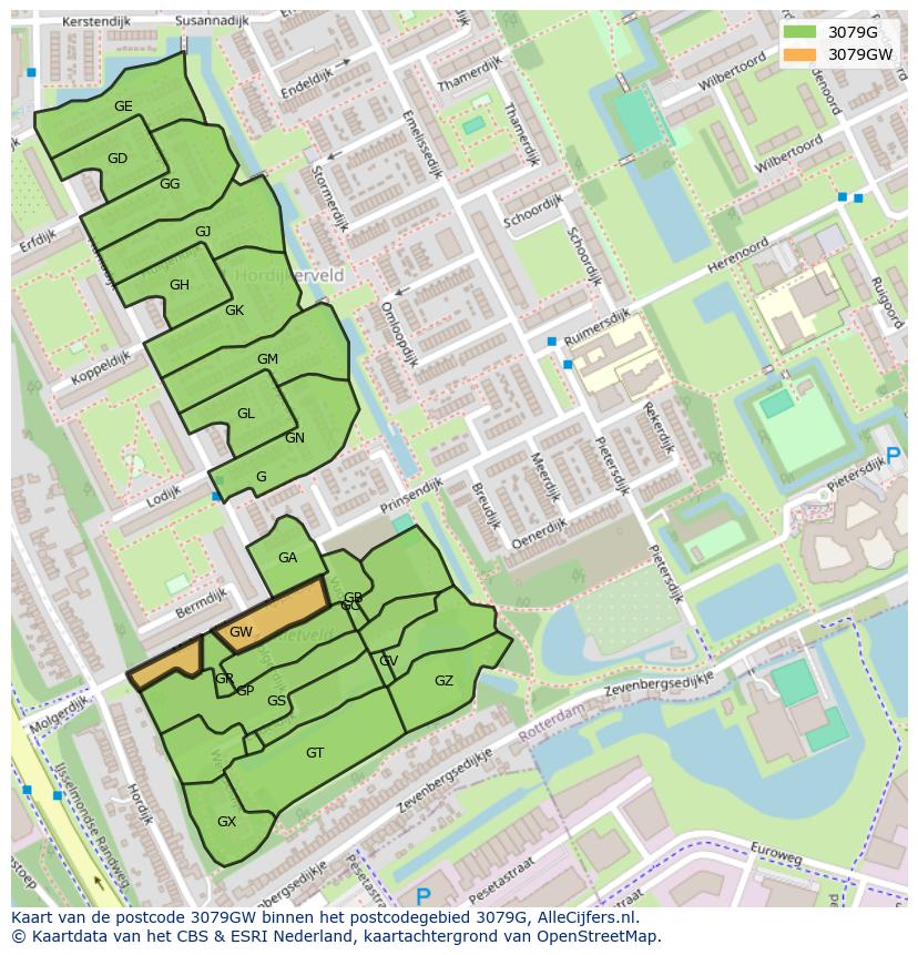 Afbeelding van het postcodegebied 3079 GW op de kaart.