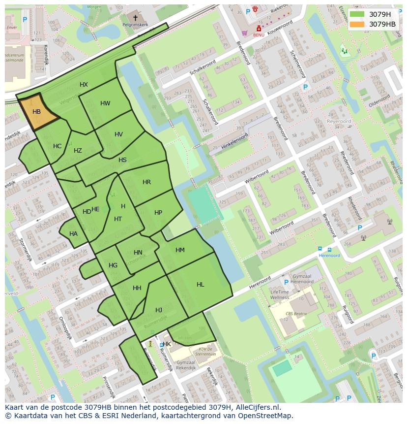 Afbeelding van het postcodegebied 3079 HB op de kaart.