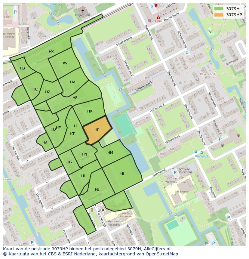Afbeelding van het postcodegebied 3079 HP op de kaart.