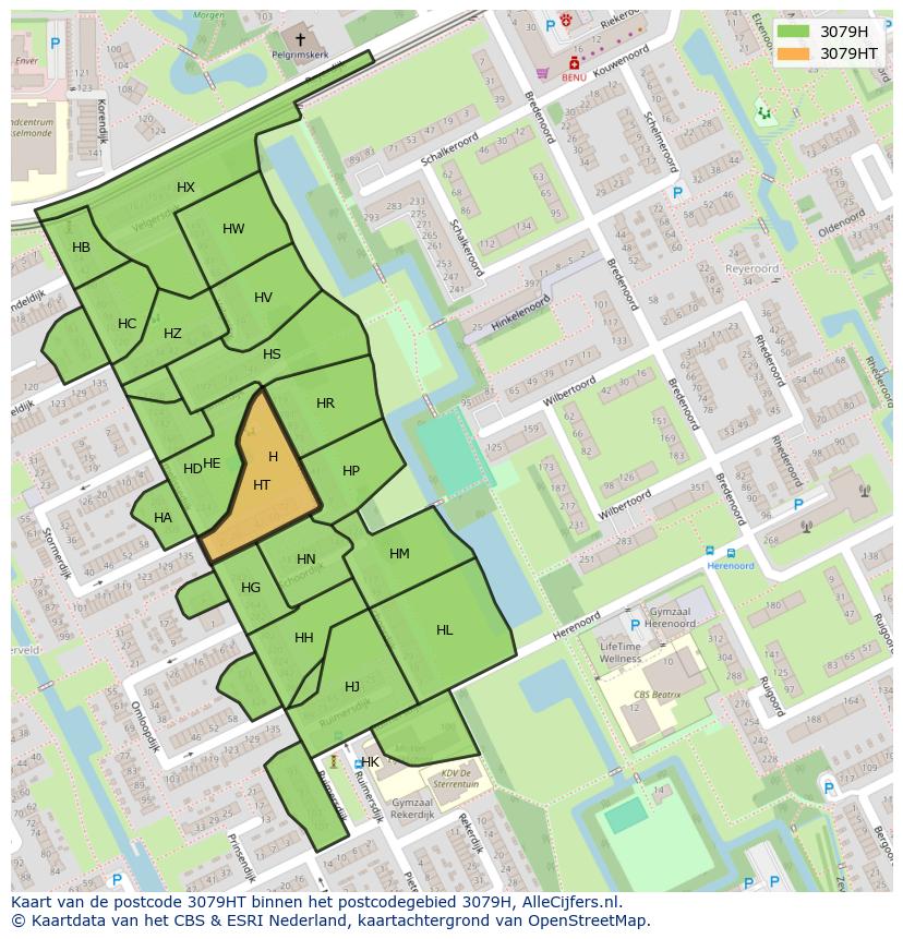 Afbeelding van het postcodegebied 3079 HT op de kaart.
