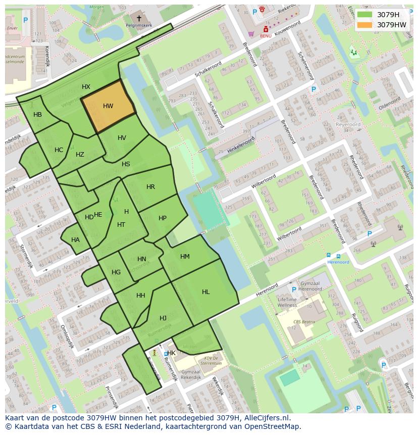 Afbeelding van het postcodegebied 3079 HW op de kaart.