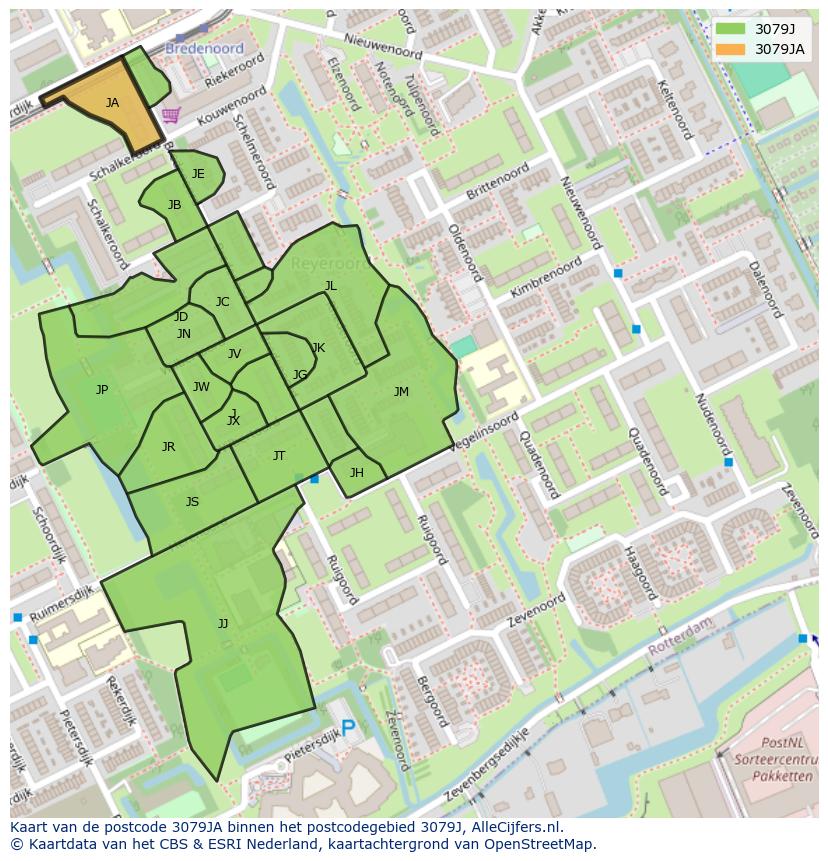 Afbeelding van het postcodegebied 3079 JA op de kaart.