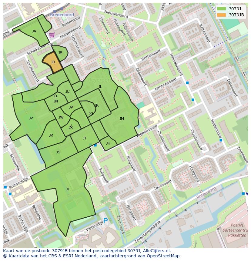 Afbeelding van het postcodegebied 3079 JB op de kaart.