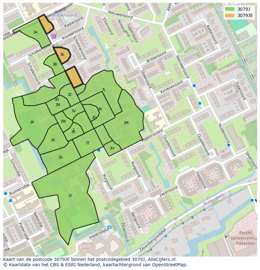 Afbeelding van het postcodegebied 3079 JE op de kaart.
